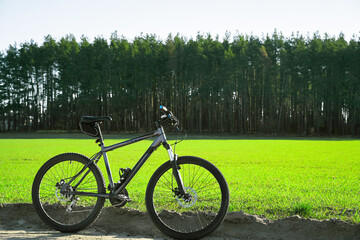 Fototapeta premium Black bicycle parked in front of green field