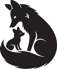 Elegant Black Fox Family Silhouette Illustration - Mother and Cub
