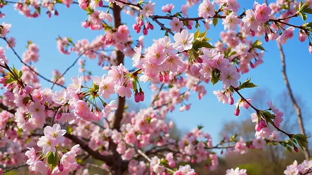 Close-up of delicate pink cherry blossoms blooming on a tree against a clear blue sky