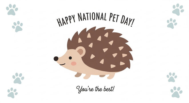 Cute hedgehog cartoon with happy national pet day message and paw prints on white background