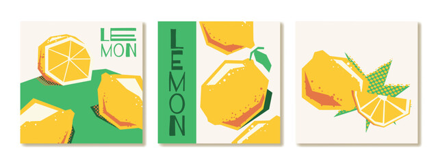 Abstract colorful  fruit card background set. Minimalist poster with lemon. Modern summer and spring wallpaper design for drink menu, promotion, beverages, ads. © babeer