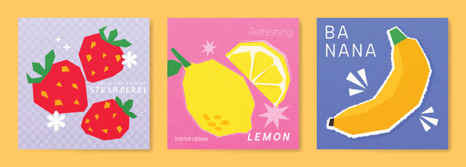 Fototapeta na wymiar Abstract colorful fruit card background set. Minimalist poster with lemon, strawberry, banana . Modern summer and spring wallpaper design for drink menu, promotion, beverages, ads.