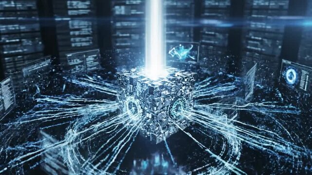 Digital data streams flow from an abstract cube in a server room environment