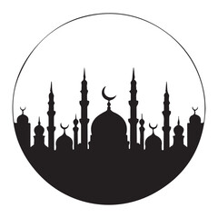 Fototapeta premium Ramadan Mubarak traditional mosque silhouette round emblem with crescent icon