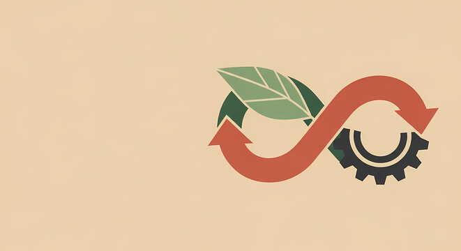 Minimalist Circular Economy Vector Illustration with Infinity Symbol, Sage Green Leaf, and Industrial Gear for Corporate ESG Sustainability Reports.