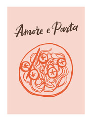 Whimsical doodles of pasta club. Vintage icons with la dolce vita aesthetic in crayon and sketch style. Trendy art for menus and restaurant poster. Outline quirky vector illustration