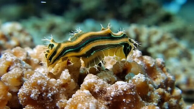 Close up of a tiger leech on coral reef with bright colors and white protrusions