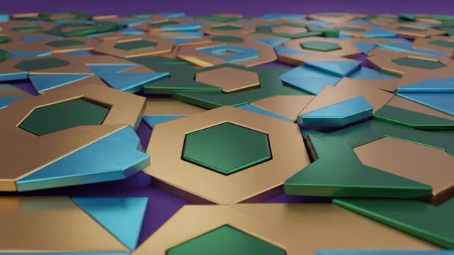Dynamic 3D render of a vibrant geometric pattern with hexagons and triangles