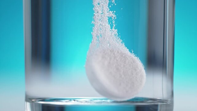 Aspirin Tablet Sinks To The Bottom Of The Glass, Fizzing And Bubbling In Macro and Slow Motion on the Blue Background