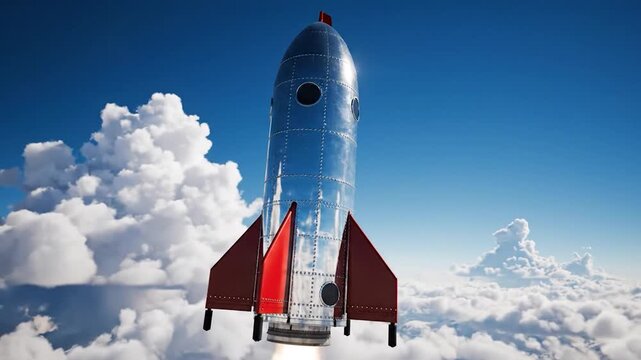 A shiny retro-style et ship ascends through f white clouds into a clear blue