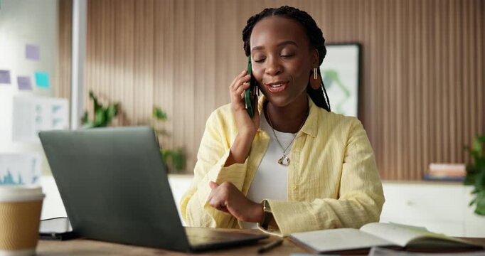 Phone call, creative and black woman on laptop in office for story approval, article source and research. Publishing, journalism and person on smartphone for editor feedback, project and planning
