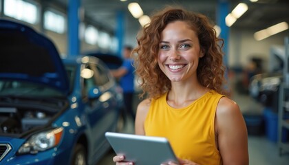 Fototapeta premium Happy woman holds tablet in car repair shop. She smiles as mechanic works on vehicle. Auto service garage scene with cars and equipment visible.