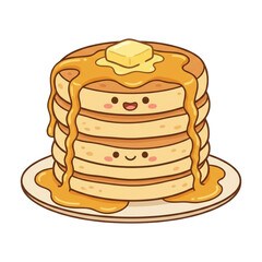 A delicious breakfast illustration of a stack of pancakes with cream and butter on a plate, featuring a sweet dessert isolated on a white background in a clean cartoon vector style