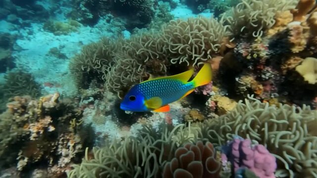 Colorful blue angelfish swimming amidst vibrant coral reef ecosystem underwater marine life stock video