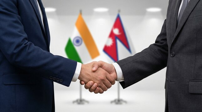 Businessmen shaking hands in front of Indian and Nepalese flags symbolizing international cooperation and diplomatic relations between India and Nepal