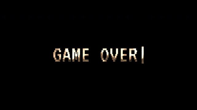 Glitch game over text in gold color on black background, alpha channel, 4K motion graphics