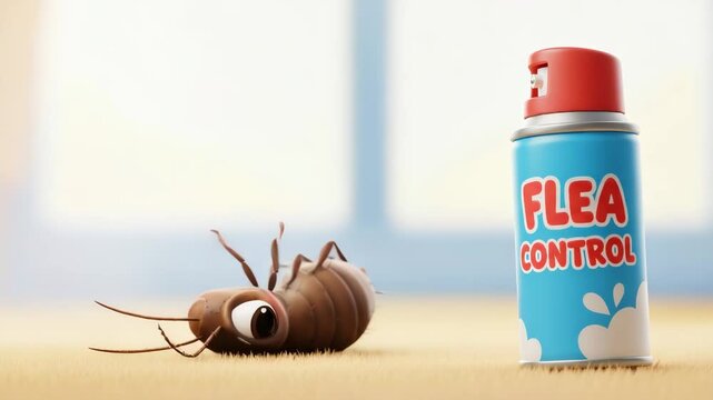 Animated flea jumping and being sprayed with control agent, falling and defeated. Pest extermination and prevention concept.