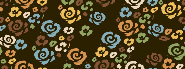 Fototapeta premium Seamless abstract floral pattern with hand drawn swirl shapes and organic elements in retro earthy colors on dark background. Modern decorative repeat design for fabric, wallpaper, textile.