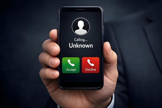Human use smartphone with incoming call from unknown number, spam, prank caller, hoax person, fake identity, scammer, scam with mobile phone, hacker, call center, crime, call, fraud or phishing