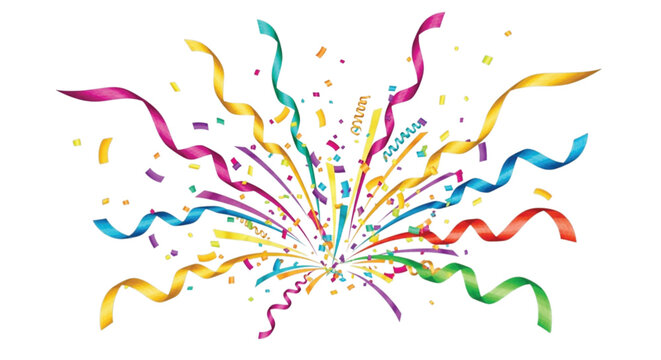 Colorful confetti and streamers burst outward against a white background. The festive display features vibrant red, blue, green, yellow, and pink ribbons.