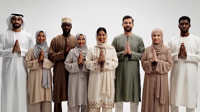 Diverse Group of People in Traditional Islamic Clothing Posing Together in a Studio Setting