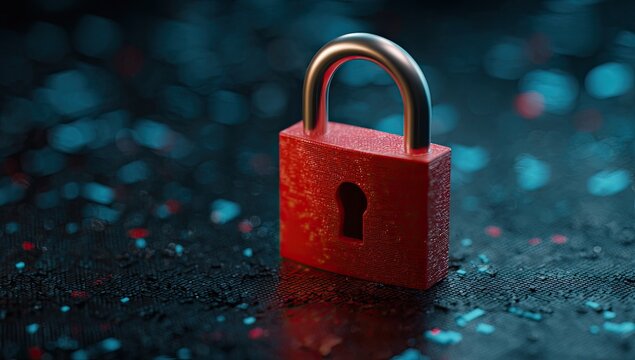 Close-up of a red, locked padlock against a blurry, speckled blue and black background