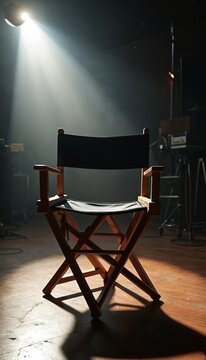 Empty director chair on film set under bright spotlight. Wood and black canvas awaits filmmaker or crew on production stage. Lights and camera equipment visible in background, ready for action.