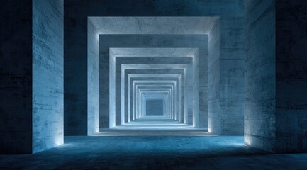 Fototapeta premium Geometric passage with receding square frames, bathed in cool blue light, minimalist architectural style