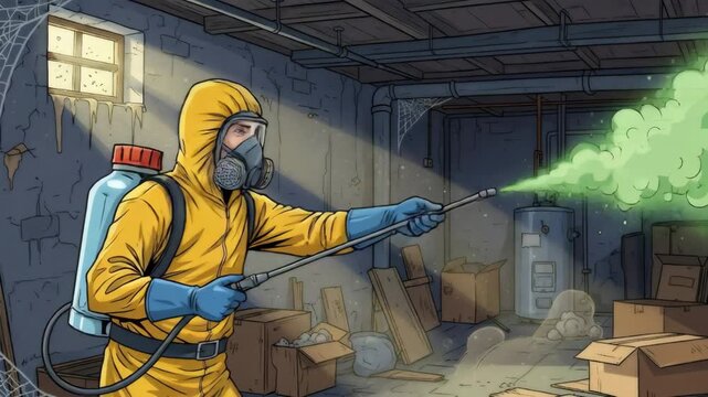 Man in hazmat suit fumigating a cluttered basement with green gas to exterminate pests. Professional pest control treatment for disinfection.