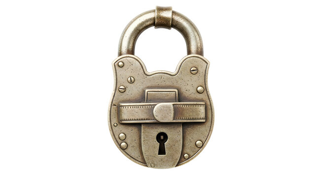 Vintage brass padlock with keyhole on white background