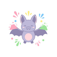 Cute cartoon bat with colorful splashes and cheerful expression