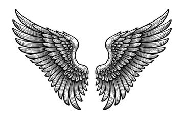 Obraz premium Exquisite Engraved Wings Illustration: Symmetrical Black and White Vintage-Style Art Piece, Majestic Feathered Design Symbolizing Freedom, Spiritual Ascent, Protection, and Divine Power, Ideal for Tat