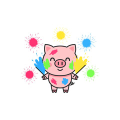 Cute Pig Character with Colorful Paint Splash Background