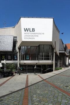 Esslinger, Germany - May 18, 2024: WLB Wuerttembergische Landesbuehne Esslingen Theatre Building Featuring Modern Architecture and Cobblestone Square