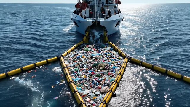 A vessel collects plastic debris, using booms, in the ocean, showing the pollution issue