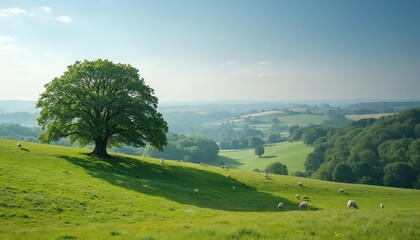 Obraz premium Green rolling hills with sheep grazing in a rich field under a clear sky. A large, solitary tree casts a shadow on the grassy slope. The background reveals a patchwork of fields and woodlands.