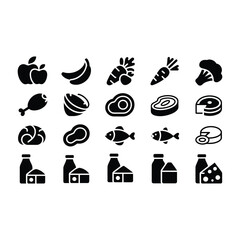 Fototapeta premium Nutrition and Grocery Silhouette Icons Mega Set
