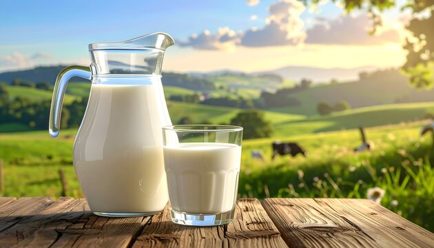 Jarra y vaso de leche fresca sobre mesa de madera con paisaje rural al atardecer y vacas en el campo