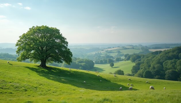 Green rolling hills with sheep grazing in a rich field under a clear sky. A large, solitary tree casts a shadow on the grassy slope. The background reveals a patchwork of fields and woodlands.