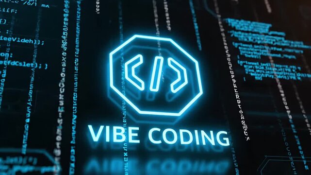 Neon coding logo glows brightly against a digital matrix background.