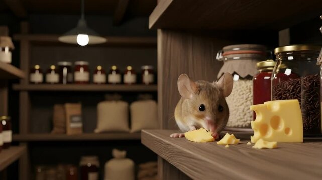 A mouse eating cheese on a shelf in a pantry, showing rodent pest activity and the need for extermination or prevention.