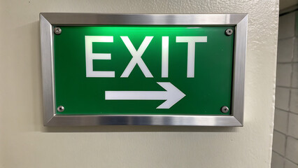 A green and white exit sign illuminated on a white wall