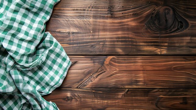 Checkered tablecloth on wooden surface.