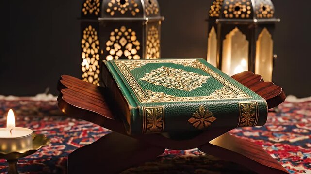 Illuminated Islamic Holy Book on a Wooden Stand with Lanterns and Candle in a Cozy, Spiritual