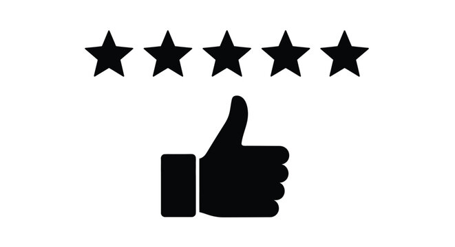 Simple black and white graphic illustration displaying five perfect rating stars aligned above a bold thumbs up icon representing excellent customer satisfaction and feedback approval.