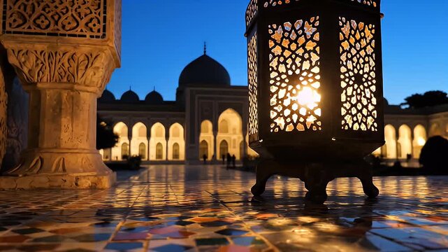 Illuminated Moroccan Lantern Shines Light on Ancient Architectural Courtyard at Twilight