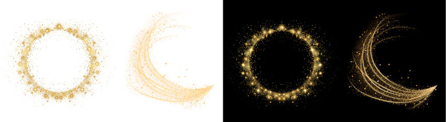 PNG image of Collection of four dazzling golden glitter light effects featuring glowing circles and swirling abstract particle trails on transparent background © MariaAlam