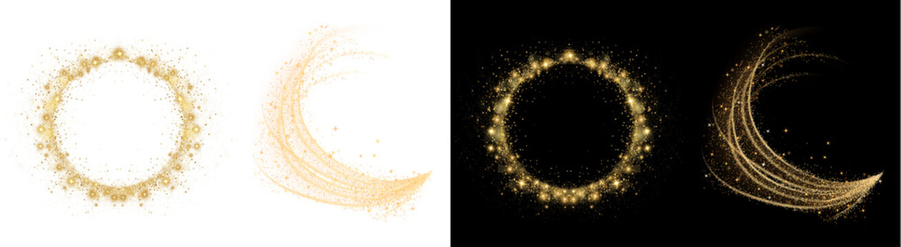 PNG image of&nbsp;Collection of four dazzling golden glitter light effects featuring glowing circles and swirling abstract particle trails on transparent background