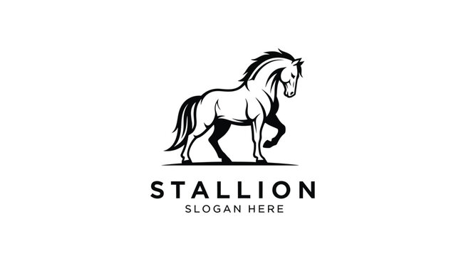 Striking black and white illustration of a powerful horse mascot logo featuring a majestic stallion in a proud, dynamic walking pose ideal for branding purposes