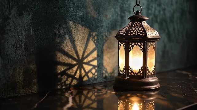 Islamic Arabian Lantern Casting Intricate Shadows on Textured Wall, Symbolizing Ramadan, Eid